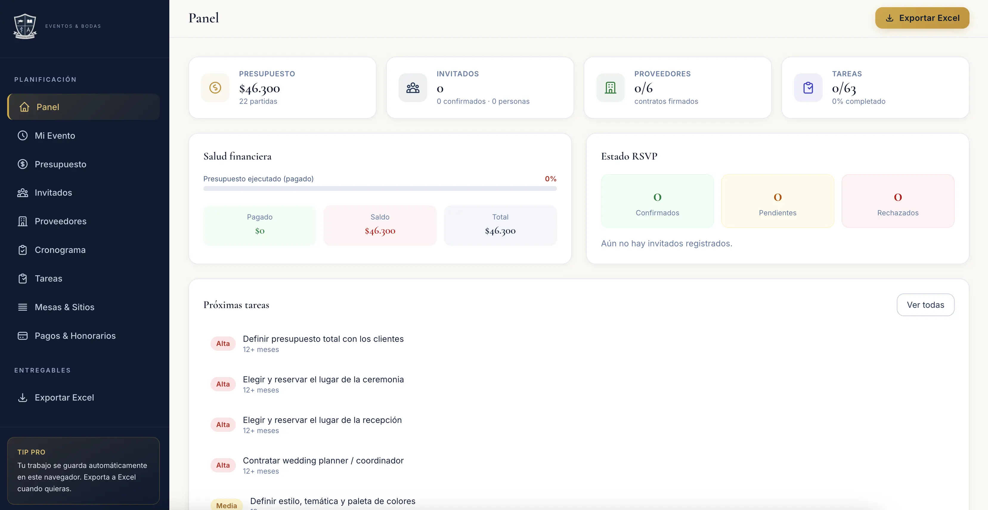 Interfaz de EventSuite PRO para organización de bodas y eventos
